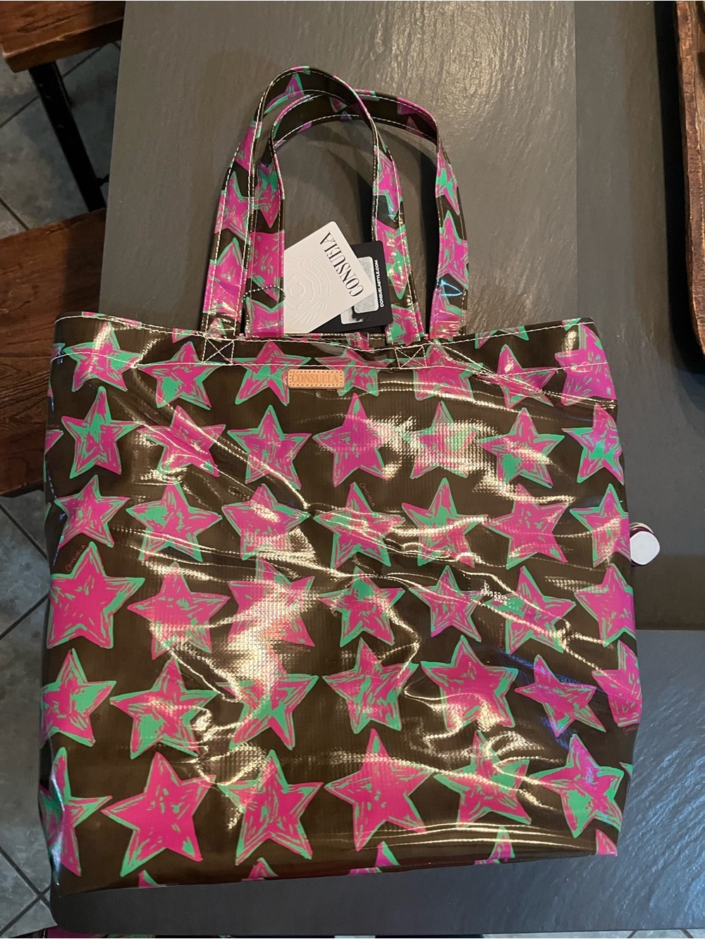 Consuela Green Background Tote with Pink Star Print - Picture 4 of 6